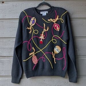 VTG 80s JH Collectibles Holiday Ornaments Embroidered Black Wool Sweater Small